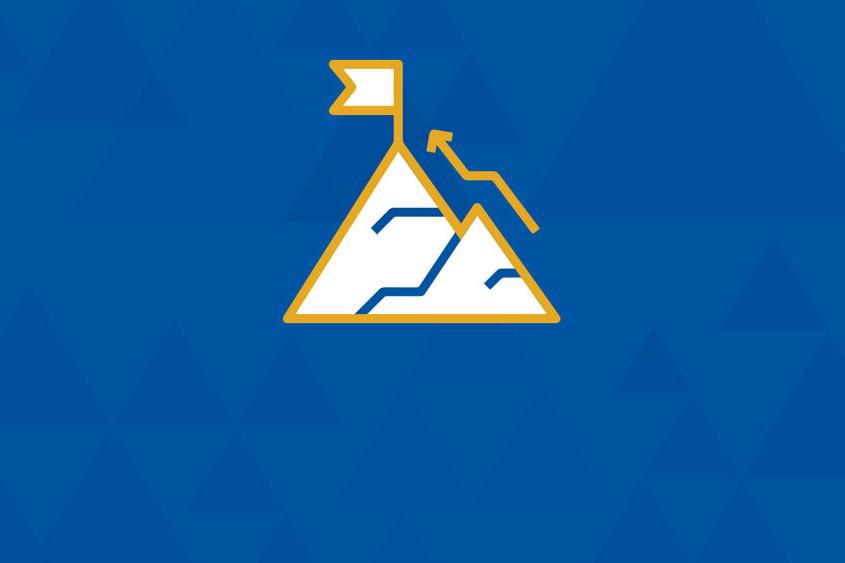 Icon of a mountain and an arrow pointing up with a flag at the tip.