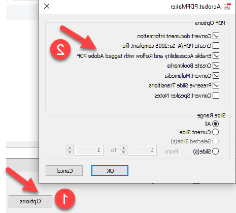 Options tab in PowerPoint showing enable accessibility and reflow box checked